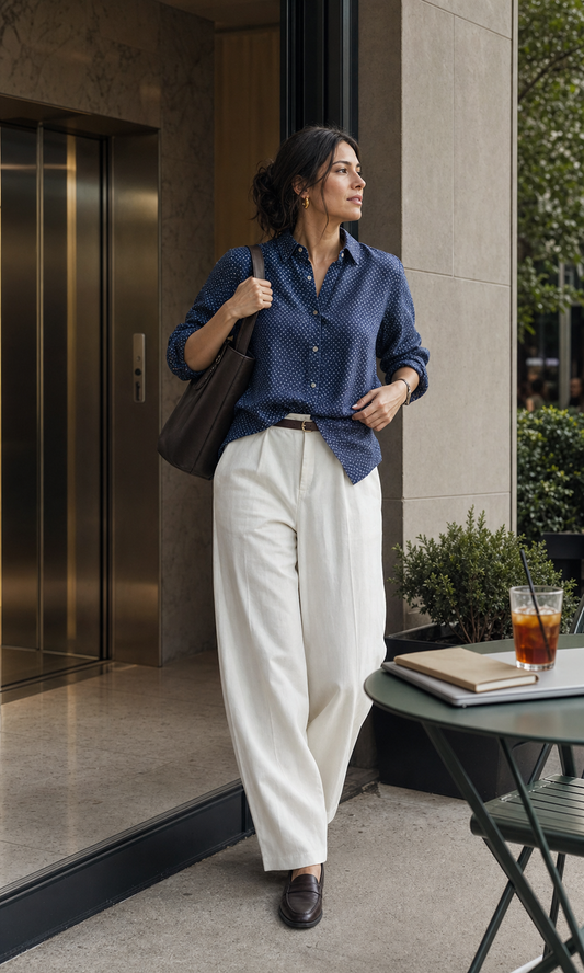 Red Monté blue ink-dot ramie shirt styled for a summer office lunch