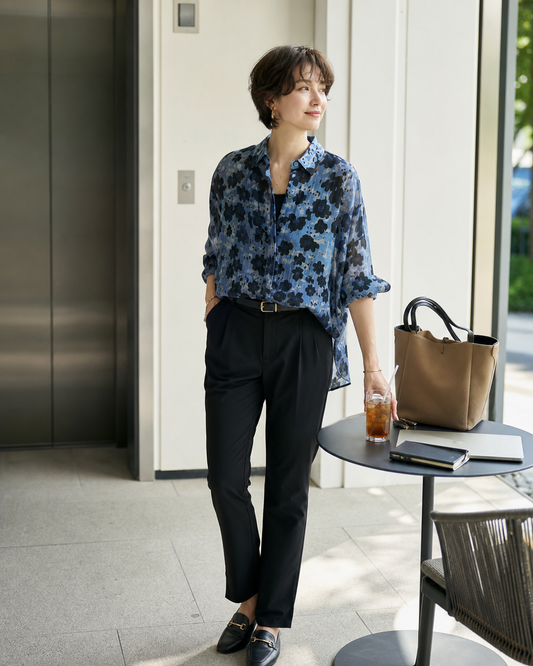 Red Monté blue ink dot ramie shirt styled for an office lunch
