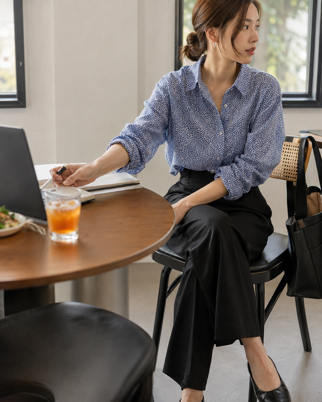 Red Monté blue ink dot ramie shirt styled with black trousers for work lunch