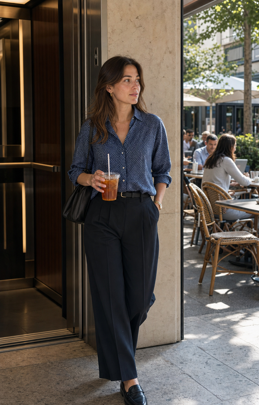 Red Monte blue ink dot ramie shirt styled for a summer meeting and afternoon tea