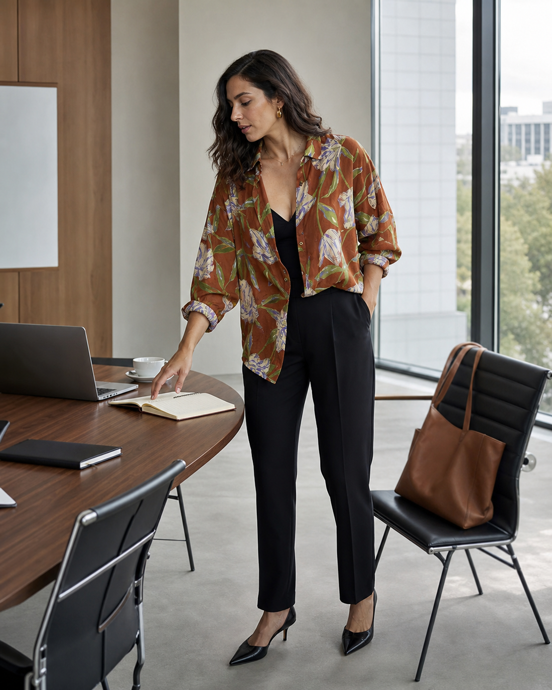 Red Monté brown purple lily ramie shirt layered over a black V-neck bodysuit for an office meeting