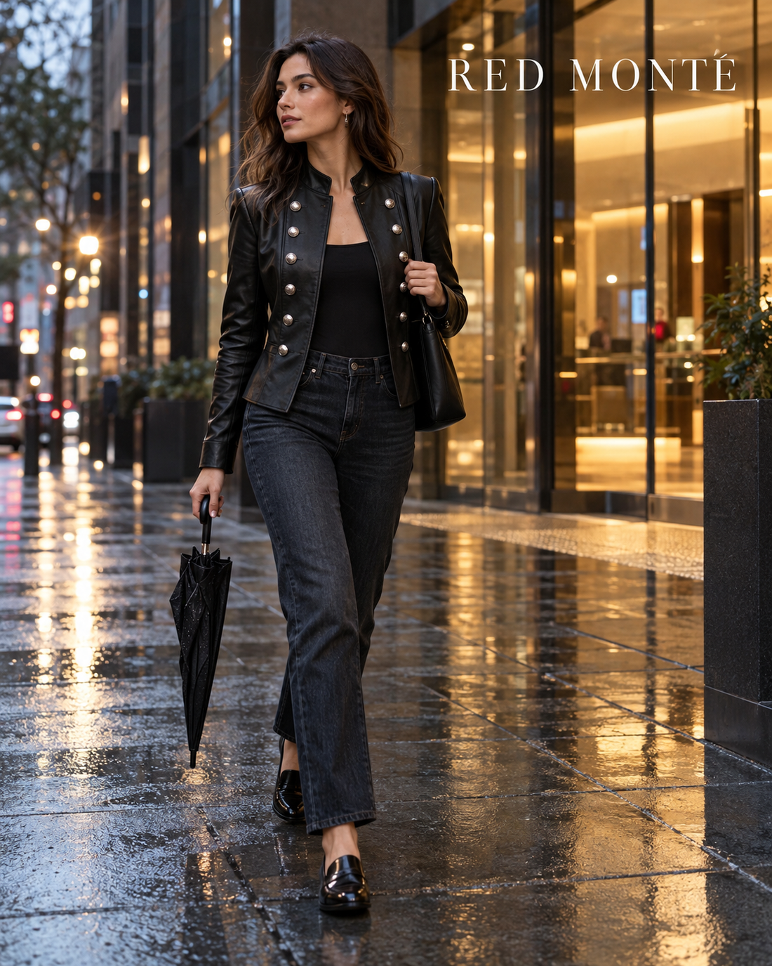 Red Monté black faux leather jacket styled for a rainy office commute
