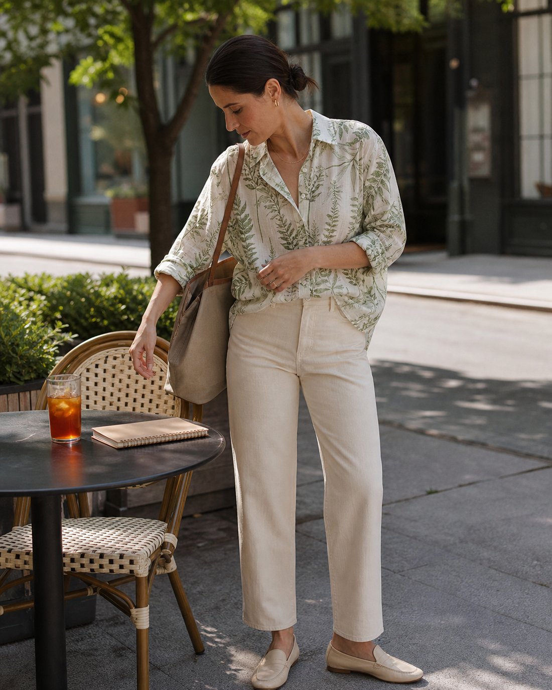 Red Monté green fern ramie shirt styled for a summer office lunch