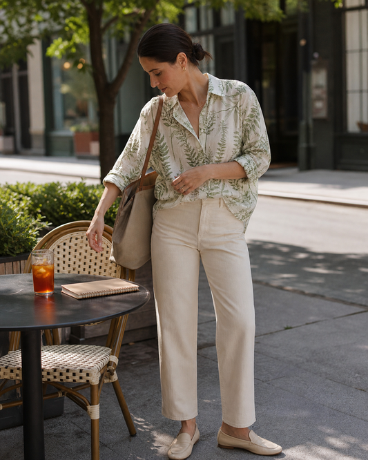Red Monté green fern ramie shirt styled for a summer office lunch