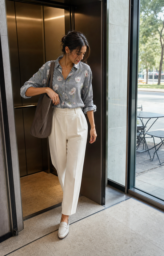 Red Monte gray tulip ramie shirt styled for an office elevator and work lunch