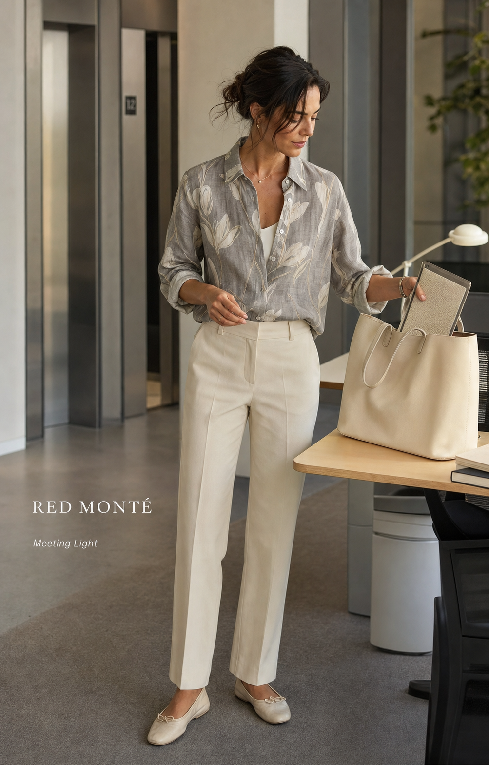 Red Monté gray tulip ramie shirt styled for a relaxed summer office meeting