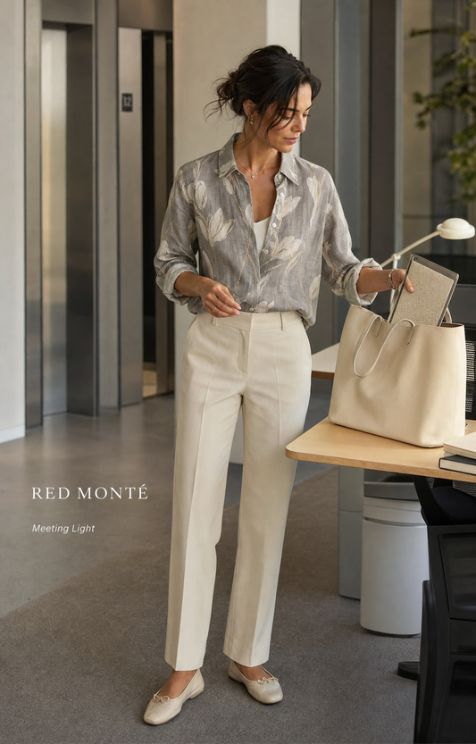 Red Monté gray tulip ramie shirt styled for a relaxed summer office meeting