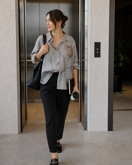 Red Monté gray tulip ramie shirt styled for an office elevator lobby