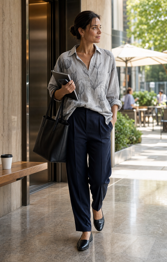 Red Monté gray tulip ramie shirt styled for an office lobby and lunch commute