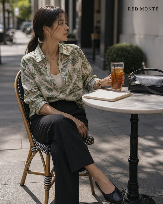 Red Monté green fern ramie shirt styled for office lunch and street-side afternoon tea