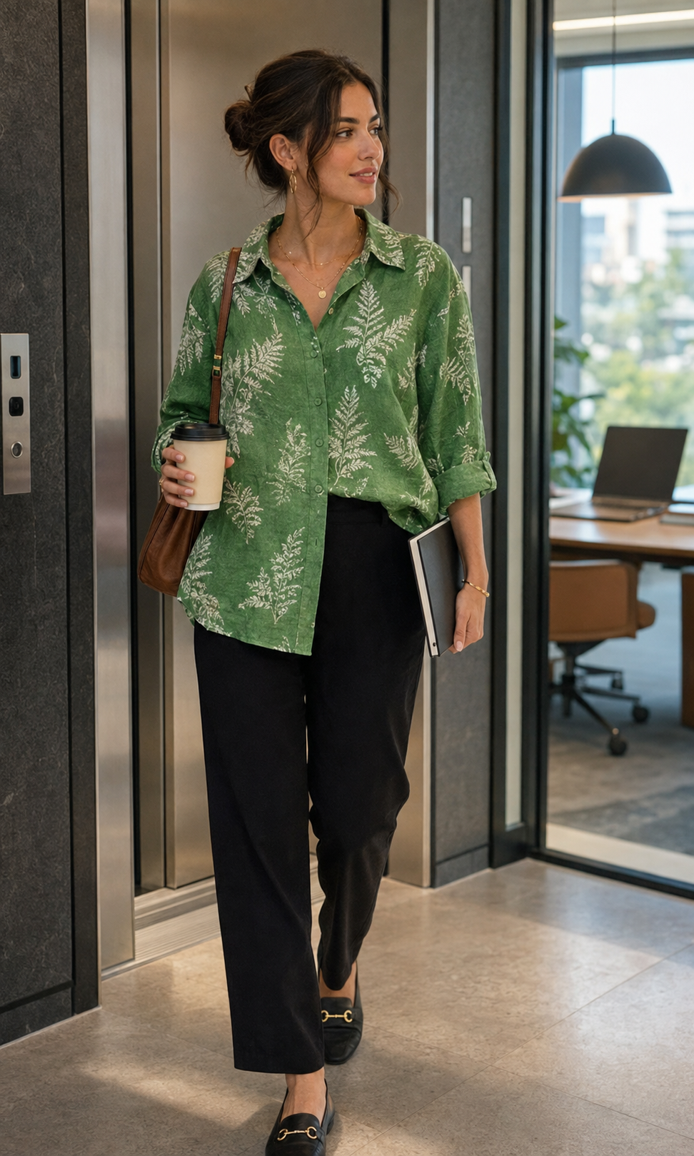 Red Monté green fern ramie long sleeve shirt styled with black trousers in an office elevator lobby