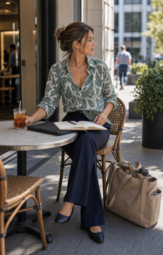Red Monté green fern print ramie shirt styled for a summer office lunch