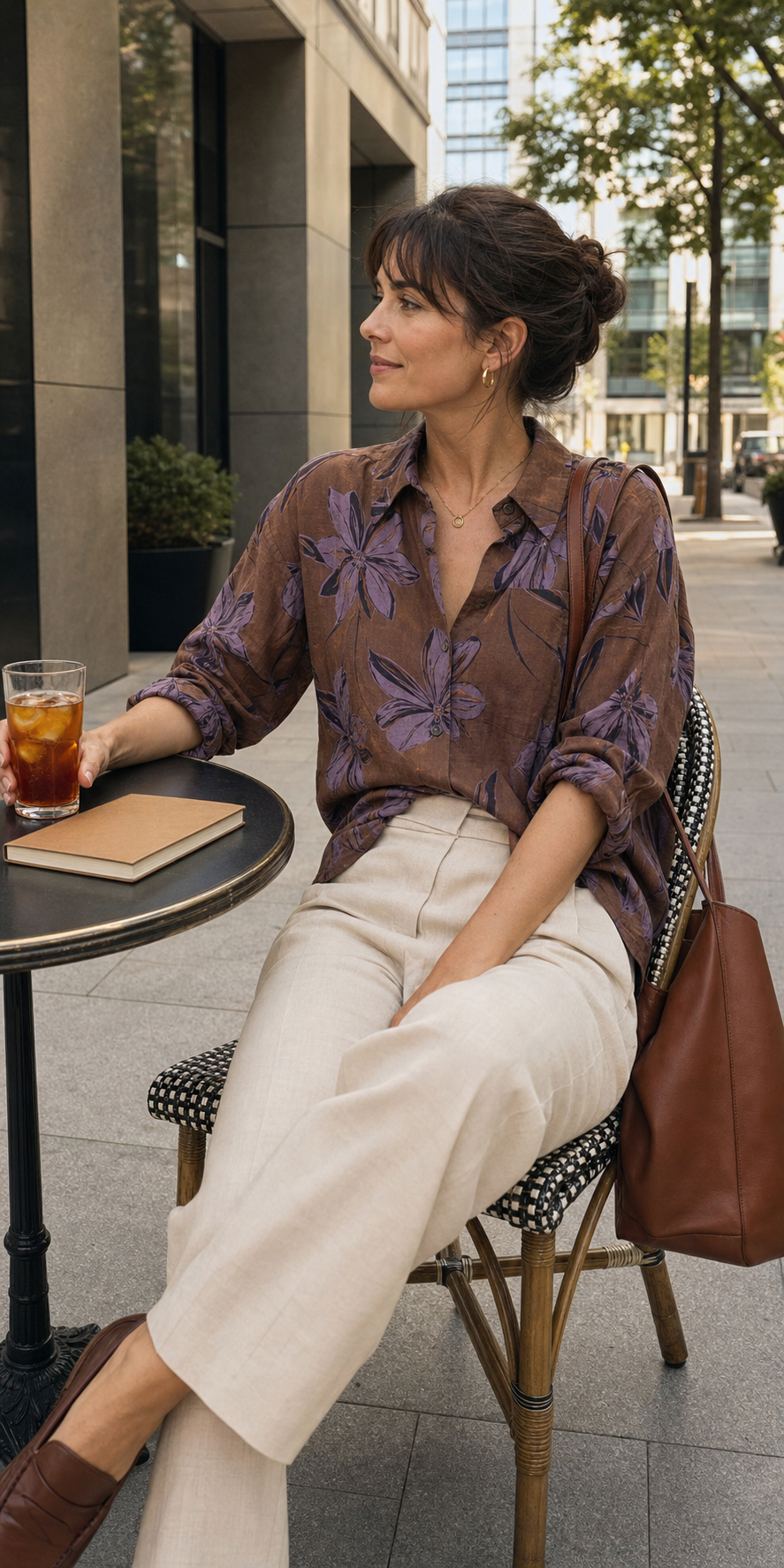 Red Monté brown purple lily ramie shirt styled for office afternoon tea