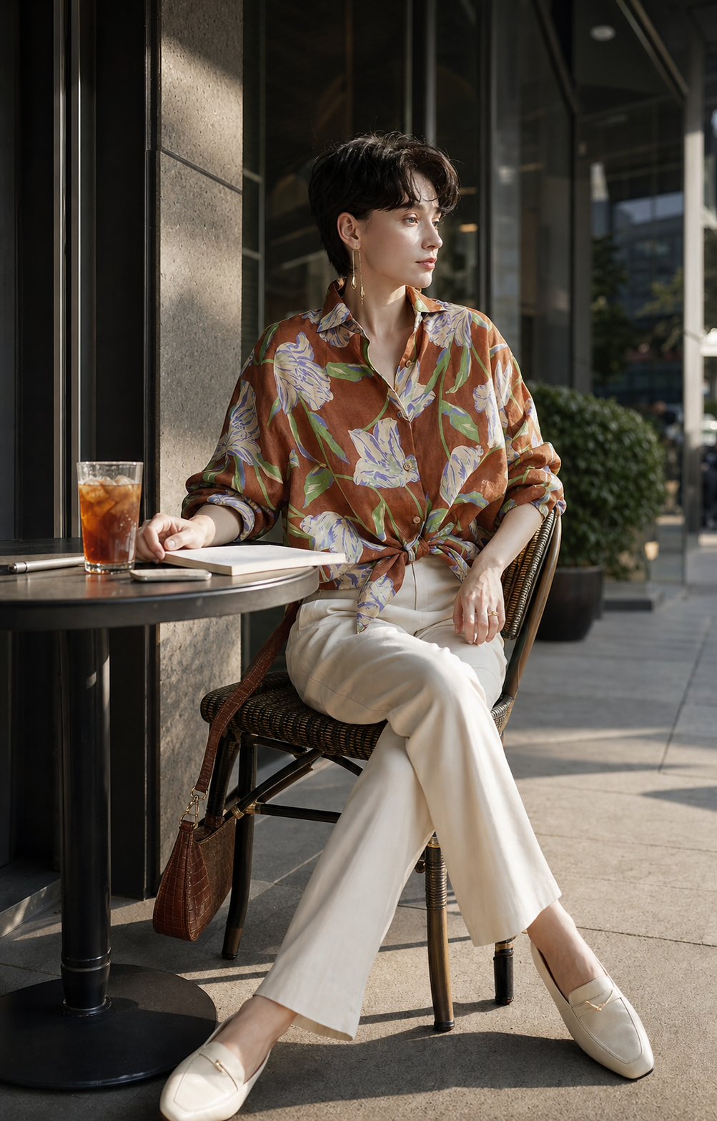 Red Monte brown purple lily ramie shirt styled for workday afternoon tea