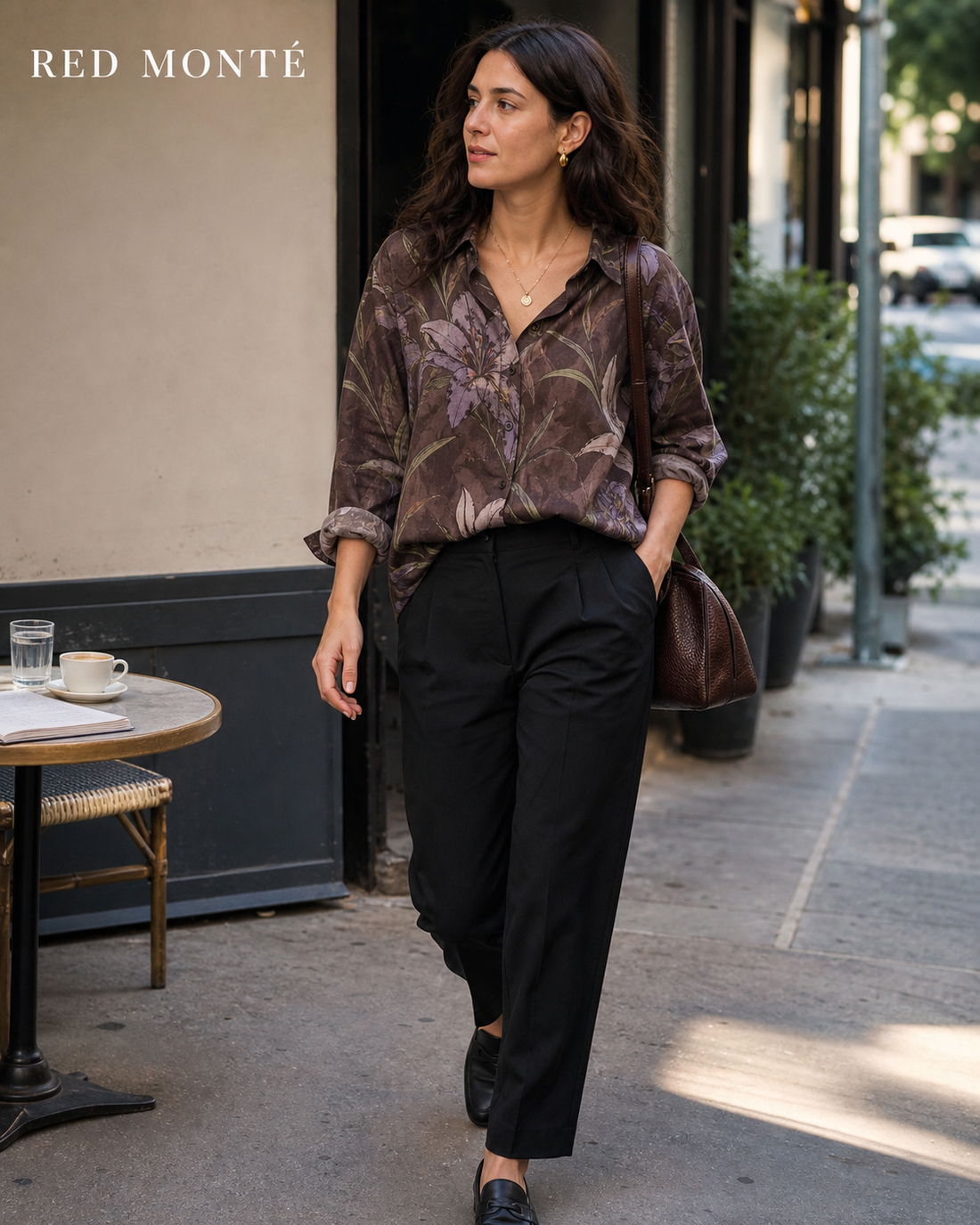 Red Monté brown purple lily ramie long sleeve shirt styled with black trousers for work lunch