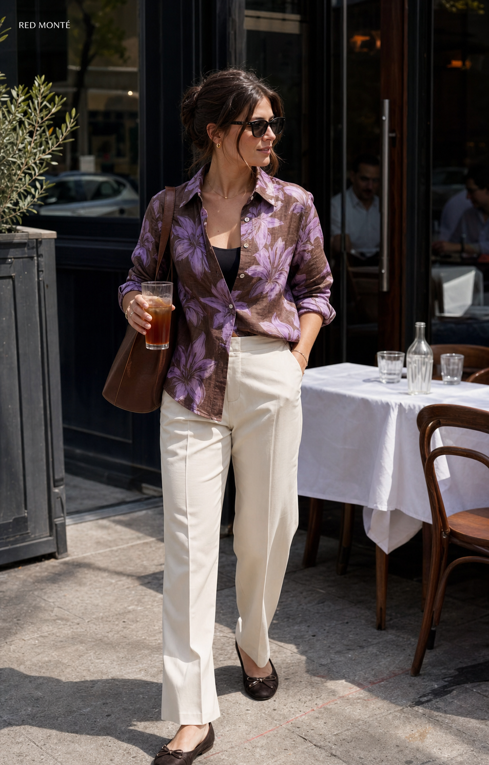Red Monte brown purple lily ramie shirt styled for a summer work lunch