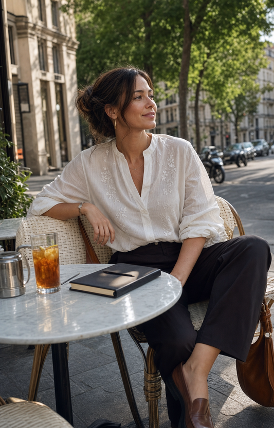 Red Monté white embroidered ramie blouse styled for office lunch and afternoon tea
