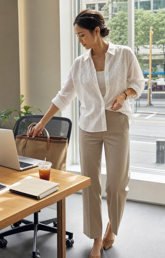 Red Monte white embroidered ramie blouse styled for desk work and lunch