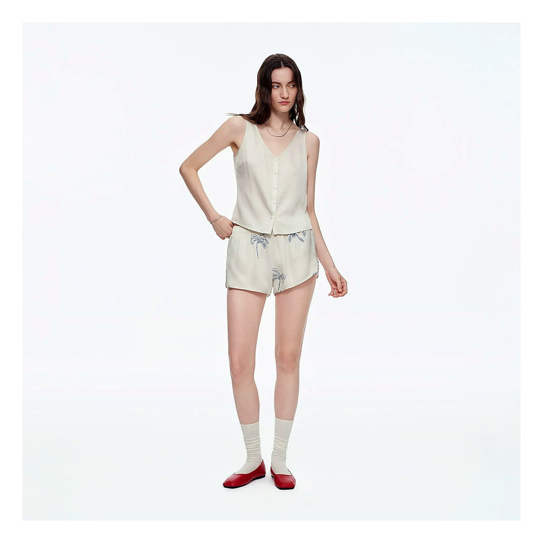 Milky Apricot White Viscose Tank Shorts Pajama Set by Red Monté