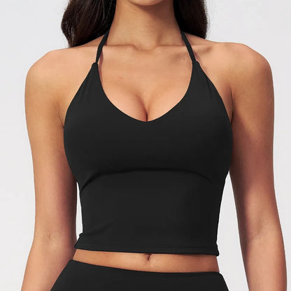 Halter V-Neck Padded Yoga Tank Top - Black