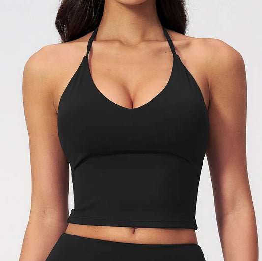 Halter V-Neck Padded Yoga Tank Top - Black