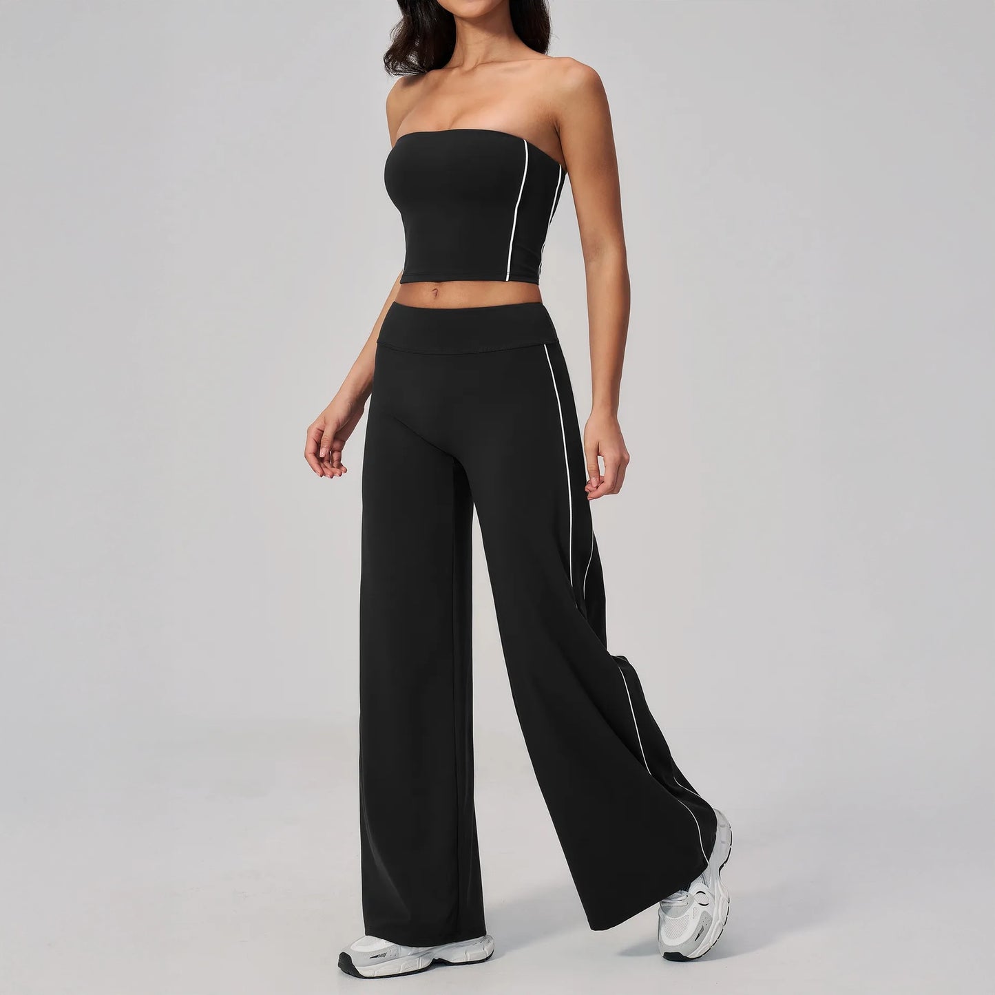 Contrast Straight Wide-Leg Yoga Pants - Black / White