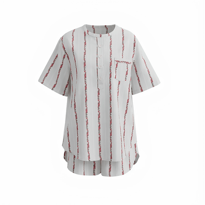 Creamy White Rose Stripe Cotton Pajama Set