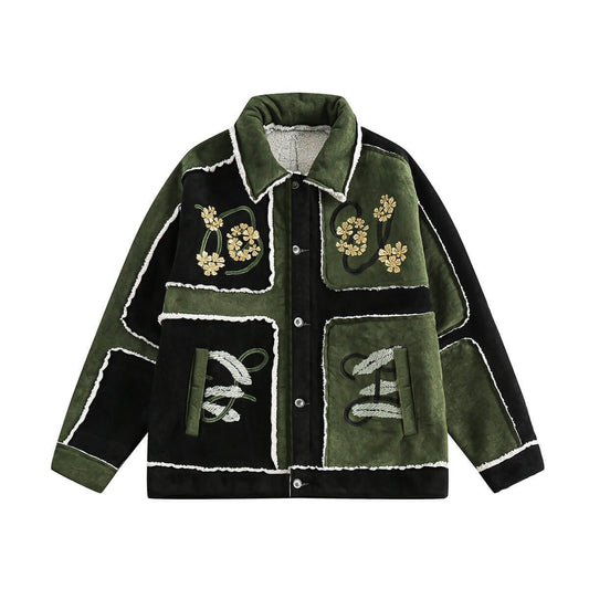 Vintage Floral Embroidered Suede Fleece Jacket