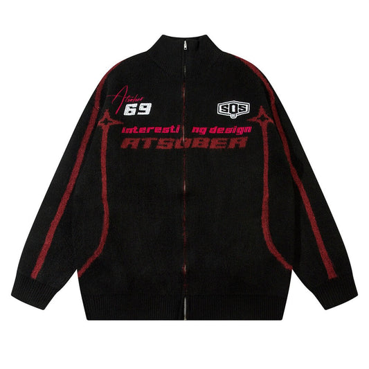 Retro Graphic Zipper Cardigan