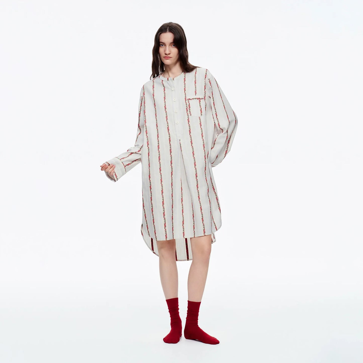 IVORY FLORAL STRIPE OVERSIZED COTTON SHIRT DRESS