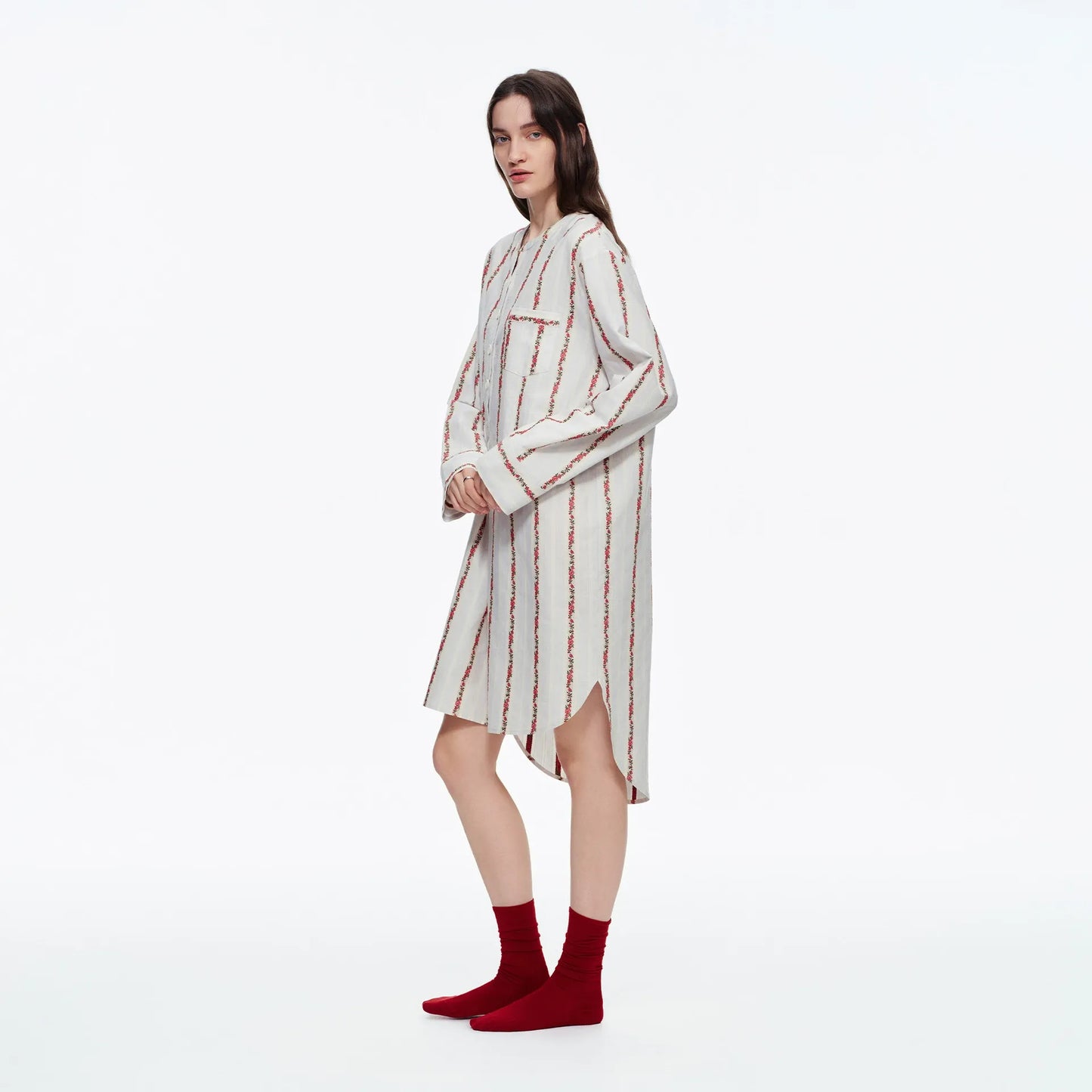 IVORY FLORAL STRIPE OVERSIZED COTTON SHIRT DRESS