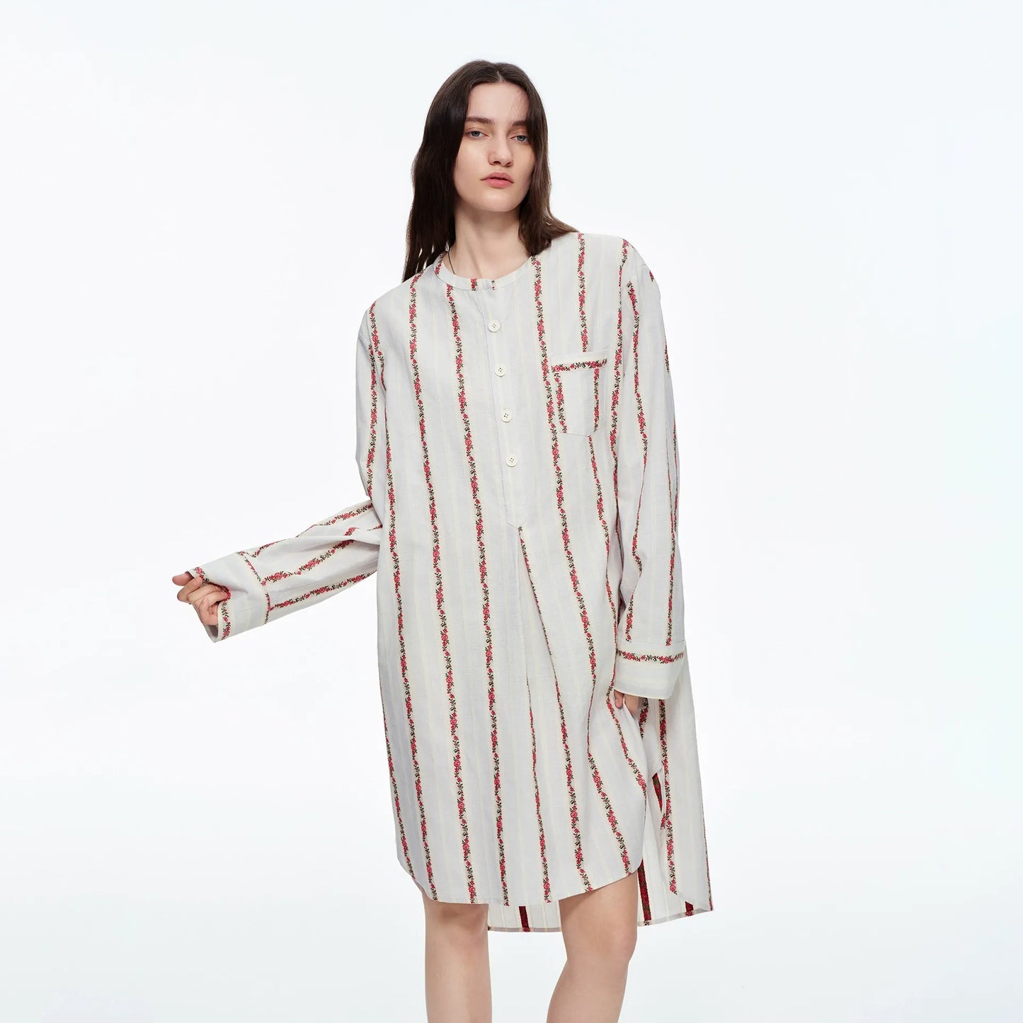 IVORY FLORAL STRIPE OVERSIZED COTTON SHIRT DRESS