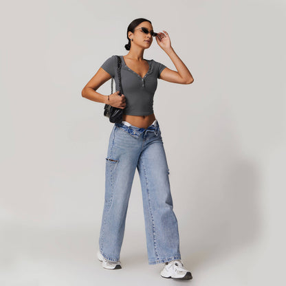Button V-neck Crop Top