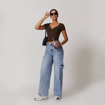 Button V-neck Crop Top