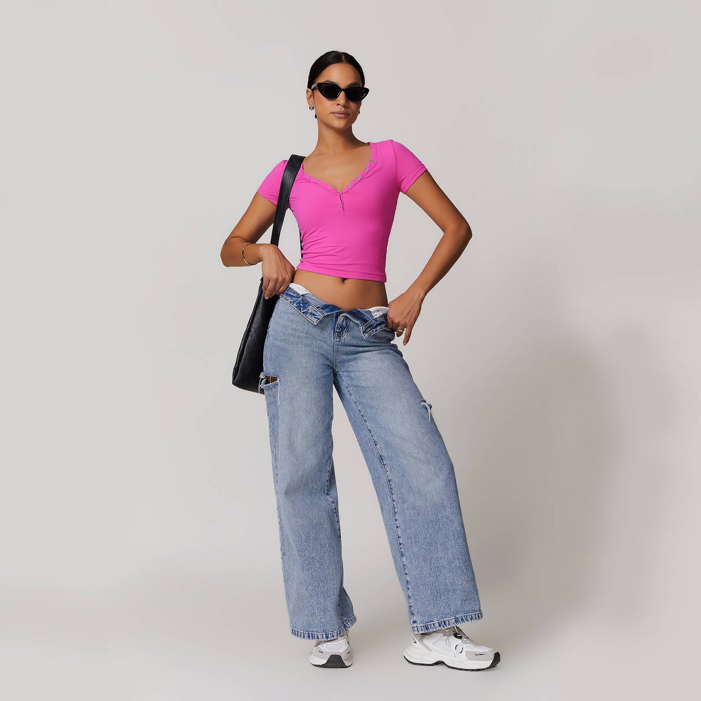 Button V-neck Crop Top