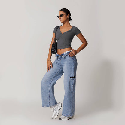 Button V-neck Crop Top