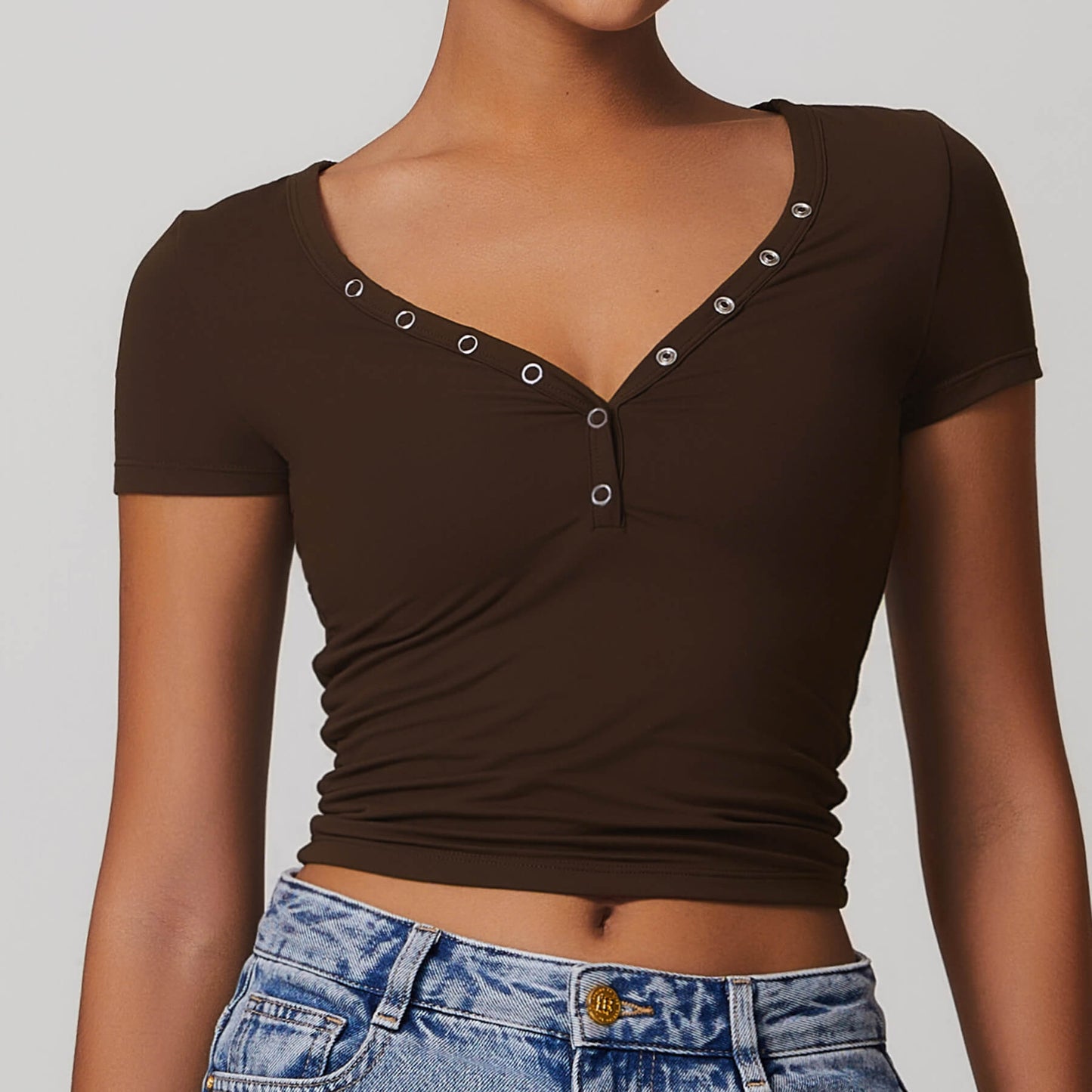 Button V-neck Crop Top