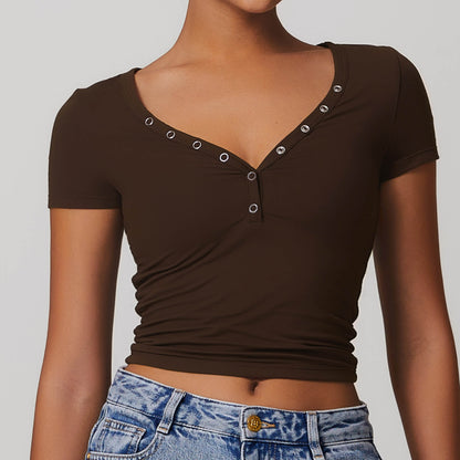 Button V-neck Crop Top