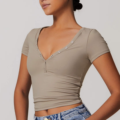 Button V-neck Crop Top