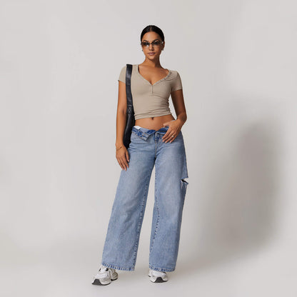 Button V-neck Crop Top
