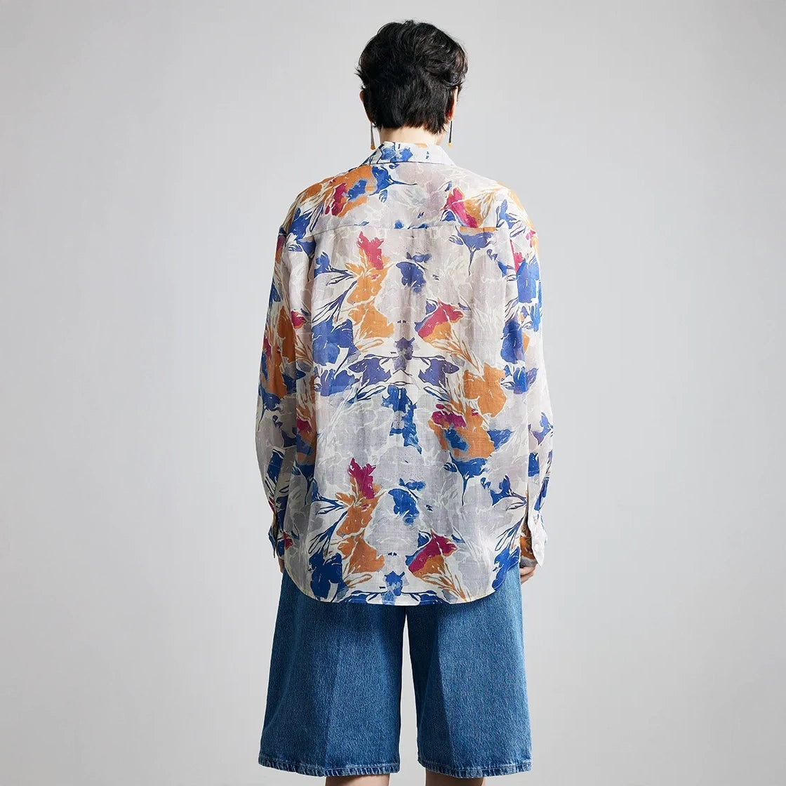 Autumn Floral Print Ramie Long Sleeve Shirt - back view