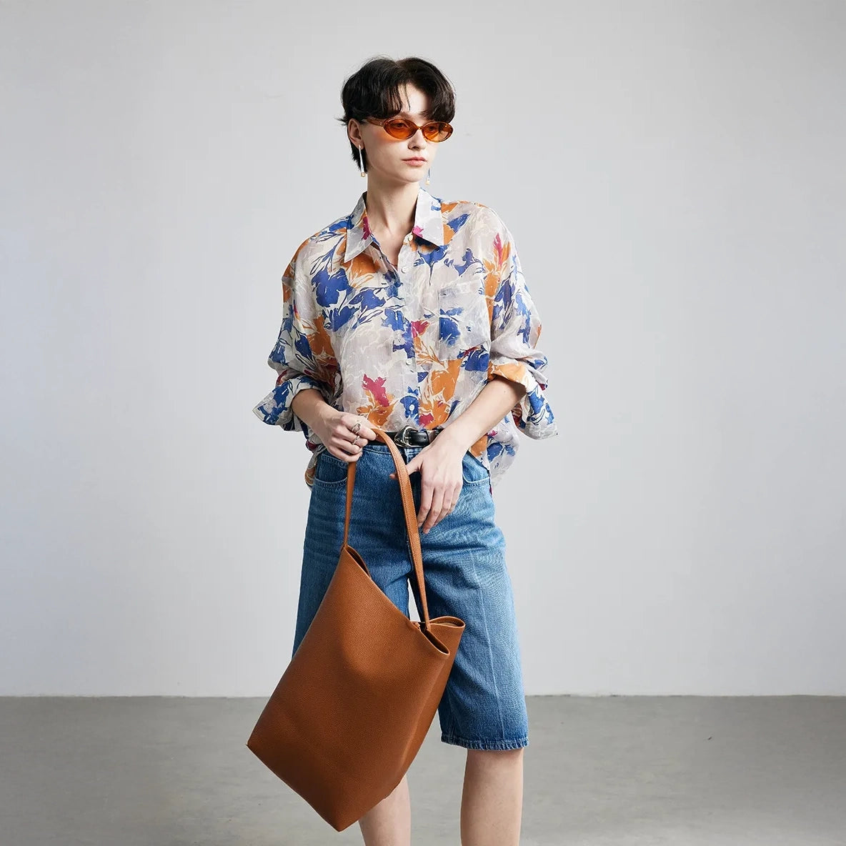 Autumn Floral Print Ramie Long Sleeve Shirt - bag front styling
