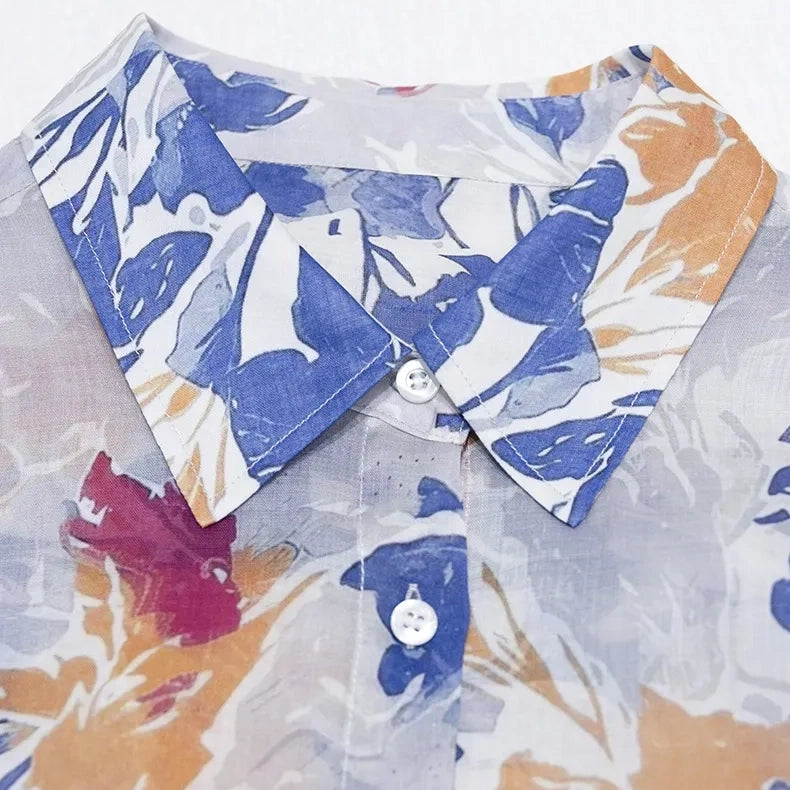 Autumn Floral Print Ramie Long Sleeve Shirt - collar placket detail