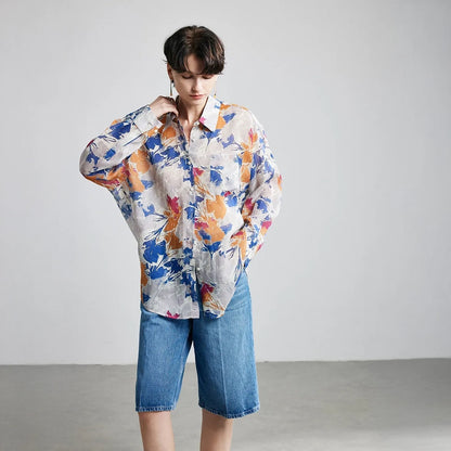 Autumn Floral Print Ramie Long Sleeve Shirt - full front