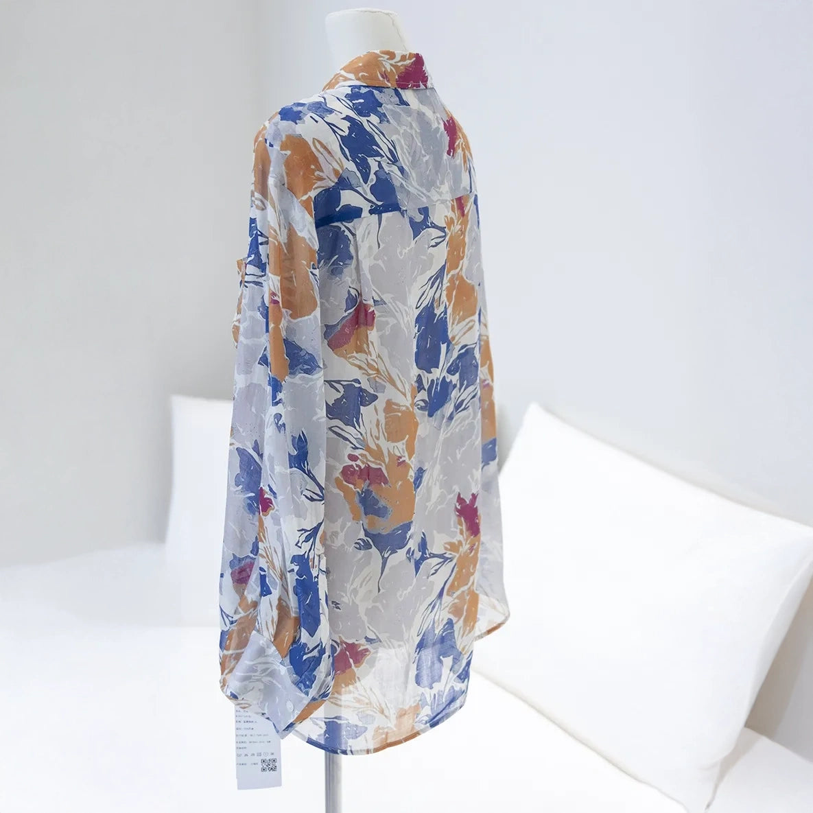 Autumn Floral Print Ramie Long Sleeve Shirt - mannequin back