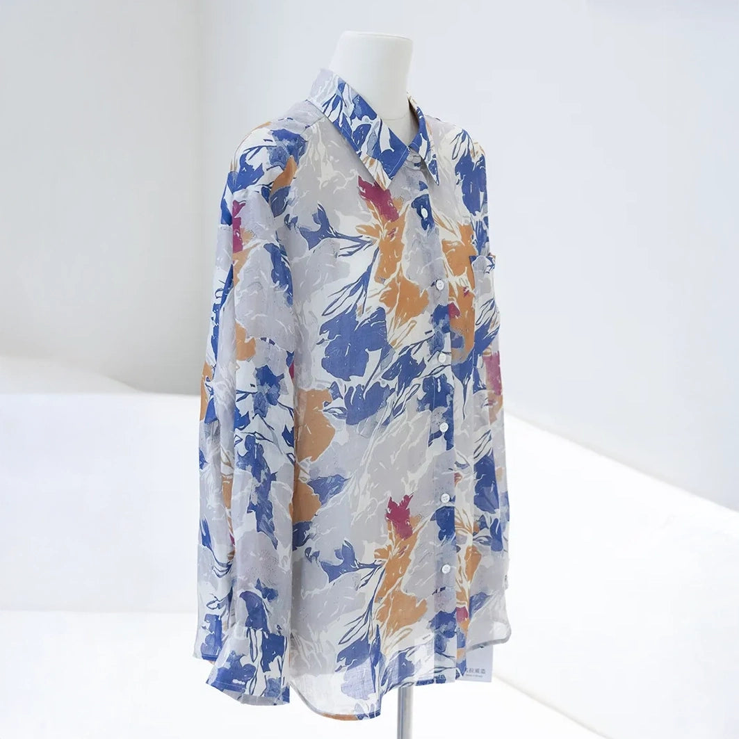 Autumn Floral Print Ramie Long Sleeve Shirt - mannequin front