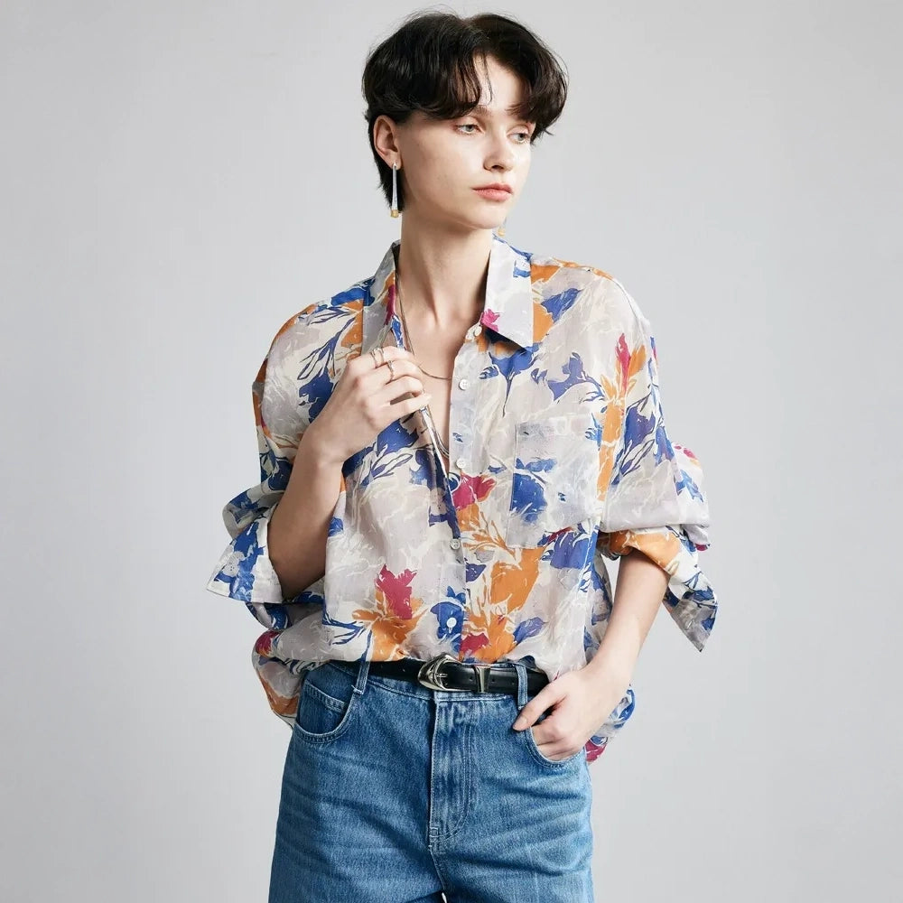 Autumn Floral Print Ramie Long Sleeve Shirt - portrait front