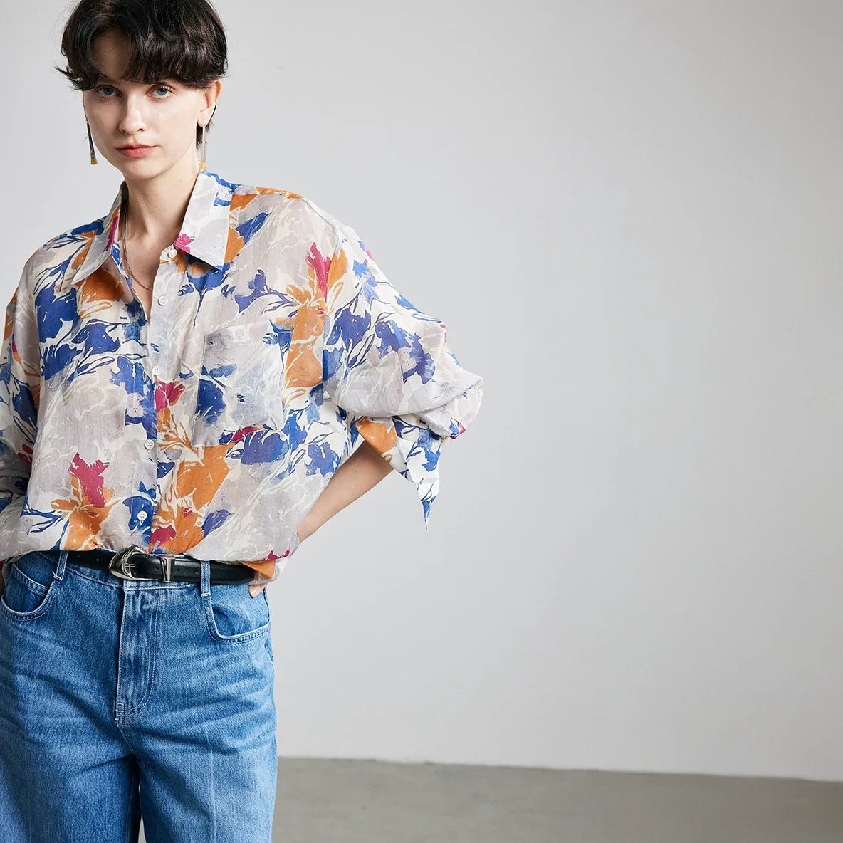 Autumn Floral Print Ramie Long Sleeve Shirt - relaxed half body