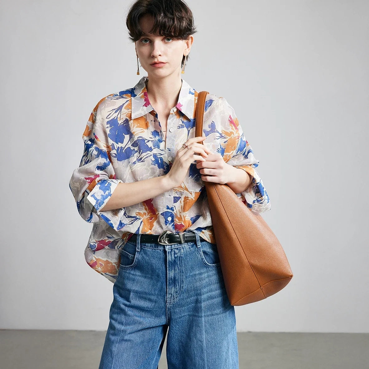 Autumn Floral Print Ramie Long Sleeve Shirt - shoulder bag front