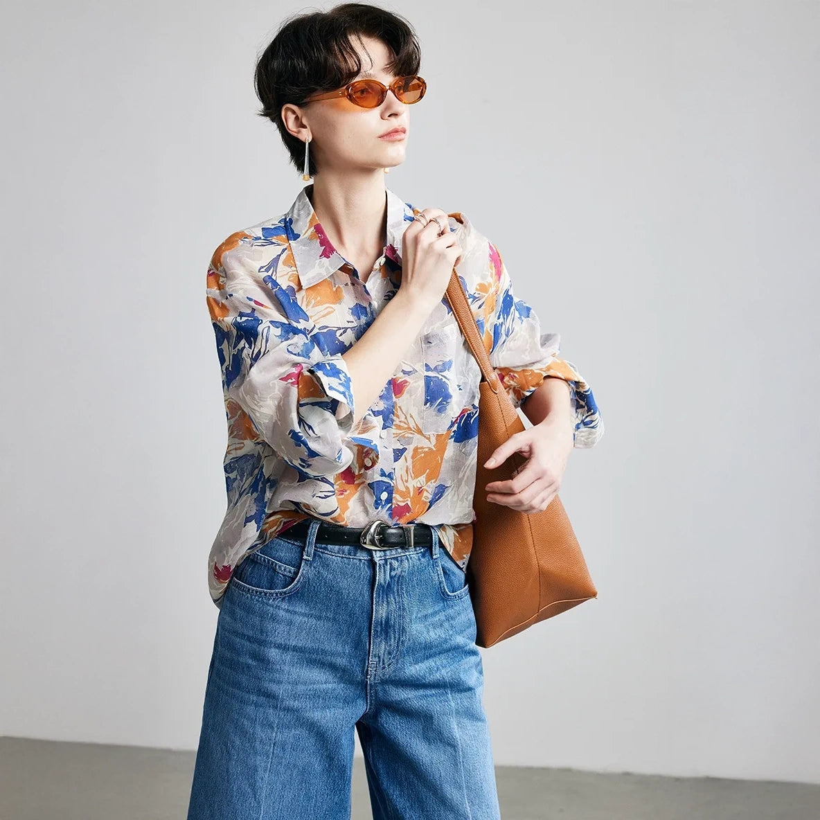 Autumn Floral Print Ramie Long Sleeve Shirt - sunglasses styling